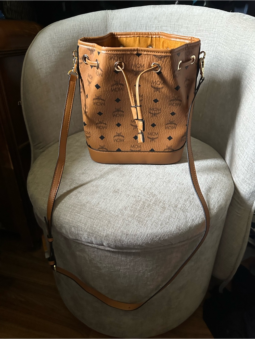 Cognac Brown Drawstring Bucket Bag - Picture 3 of 8